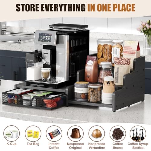 Coffee Station Organizer with K Cup Holder, 28 Pod Capacity,3-Tier Syrup Rack with Coffee Pod Holder Drawer, Coffee Bar organizer Countertop for Accessories,Black — view 3