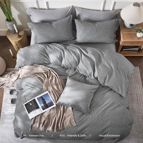 JELLYMONI Cotton Duvet Cover Queen Size - Black Vertical Pinstriped Comforter Cover with Button 100% Washed Cotton 3PCS Breathable Soft Solid Bedding Set Duvet Cover 90×90in & 2 Pillowcases — view 7