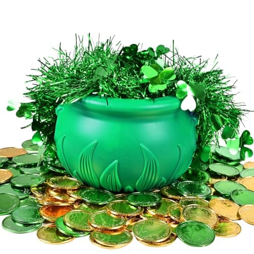 252Pcs St.Patrick's Day Green Pot Set 5.7" St Patrick’s Day Leprechaun Plastic Cauldron Bucket with Shamrock Coins Gems Shamrock Garland & Sequins for St. Patrick's Day Party Decor — view 6