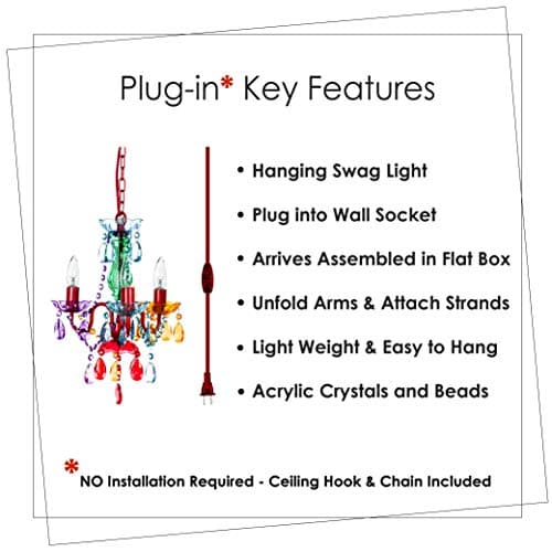 The Original Gypsy Color 3 Light Mini Plug-in Gypsy Chandelier for H17" W12", Red Metal Frame with Multi Color Acrylic Crystals — view 2