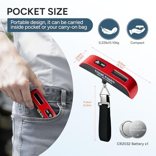 travel inspira Luggage Scale, Portable Digital Hanging Baggage Scale for Travel, Suitcase Weight Scale with Rubber Paint, 110 Pounds, Battery Included RED — view 5