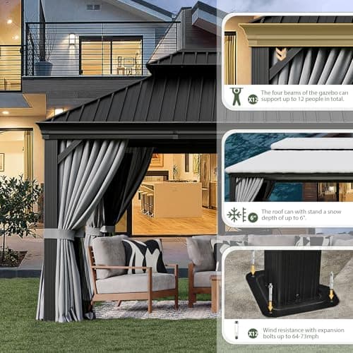 Aoxun 12' X 16' Hardtop Gazebo with Drainage System, Aluminum Outdoor Gazebo with Galvanized Steel Double Roof, Patio Permanent Metal Pavilion with Netting, for Garden, Deckyard, Grey — view 5