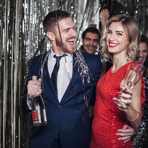 2 Pack Foil Curtain Backdrop Black Metallic Tinsel Foil Fringe Curtains Photo Booth Props for Birthday Wedding Engagement Baby Shower Bachelorette Christmas Holiday Celebration Party Decorations — view 2