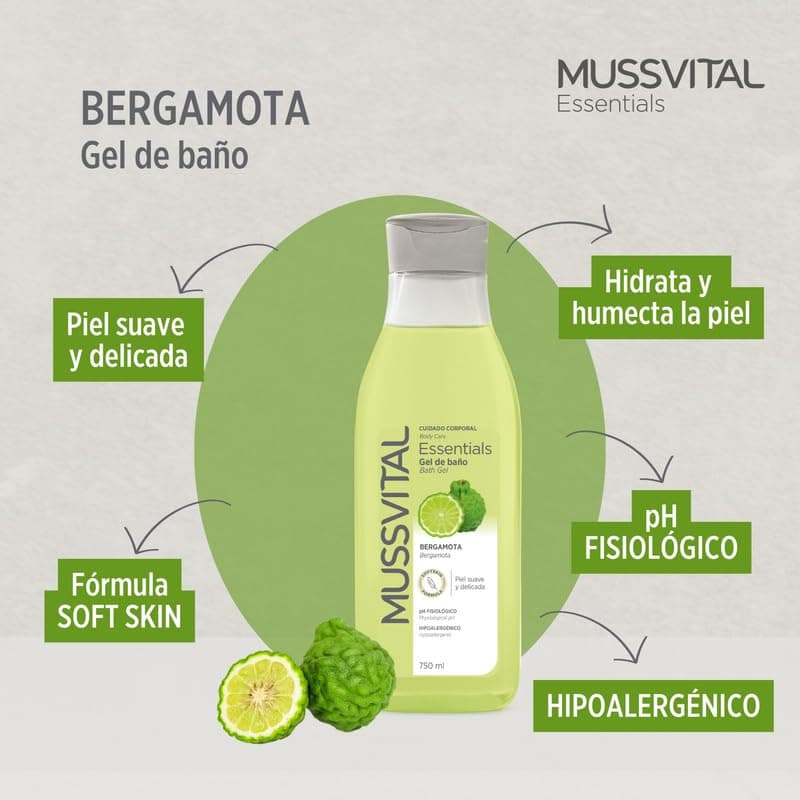 MUSSVITAL Essentials Bergamot Bath Gel 750 ml, pH 5.5 Physiological, with Panthenol, Gentle Washing Base, Daily Skin Cleaning, Body Hygiene — view 4