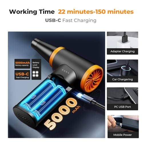 K&F CONCEPT Compressed Air Duster with LED Lights, Powerful Wind Air Blower Electric | Brushless Motor | 5 nozzles 3 Brushes| for PC Computers Keyboard Home Car Pet Hair Cleaning, Inflation, Drying — view 4