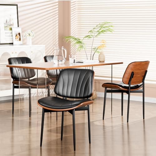 YaFiti Dining Chairs Set of 2, Dining Room and Kitchen Chairs, Mid Century Modern Accent Chair, Upholstered PU Leather Chairs for Vanity with Walnut Bentwood and Metal Legs, Black — view 2