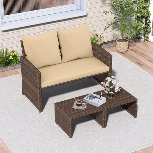 Tangkula Outdoor Loveseat with 2 Ottomans, 3 Pieces Patio PE Wicker Furniture Set with Cushions, Outside Rattan Conversation Set for Balcony, Garden and Backyard (Brown) — view 2