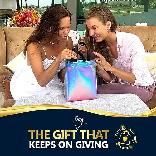 Nush Nush Rise Gradient Gift Bags – Set of 12 Mix Color Ombre Reusable Gift Bags With Holographic Finish - Colorful Party Favor Bags With Handles, Goodie Bags - 8x4x10 Medium Size