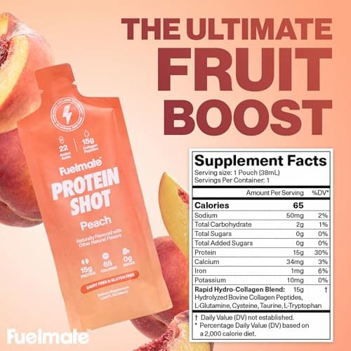 FUELMATE Peach Liquid Collagen Easy Protein Shots - 15g Protein + 22 Amino Acids - Hydrolyzed Bovine Collagen Peptides for Recovery, Skin, Hair & Joints - 10 x 1.29oz - Sugar, Dairy & Gluten Free — view 2