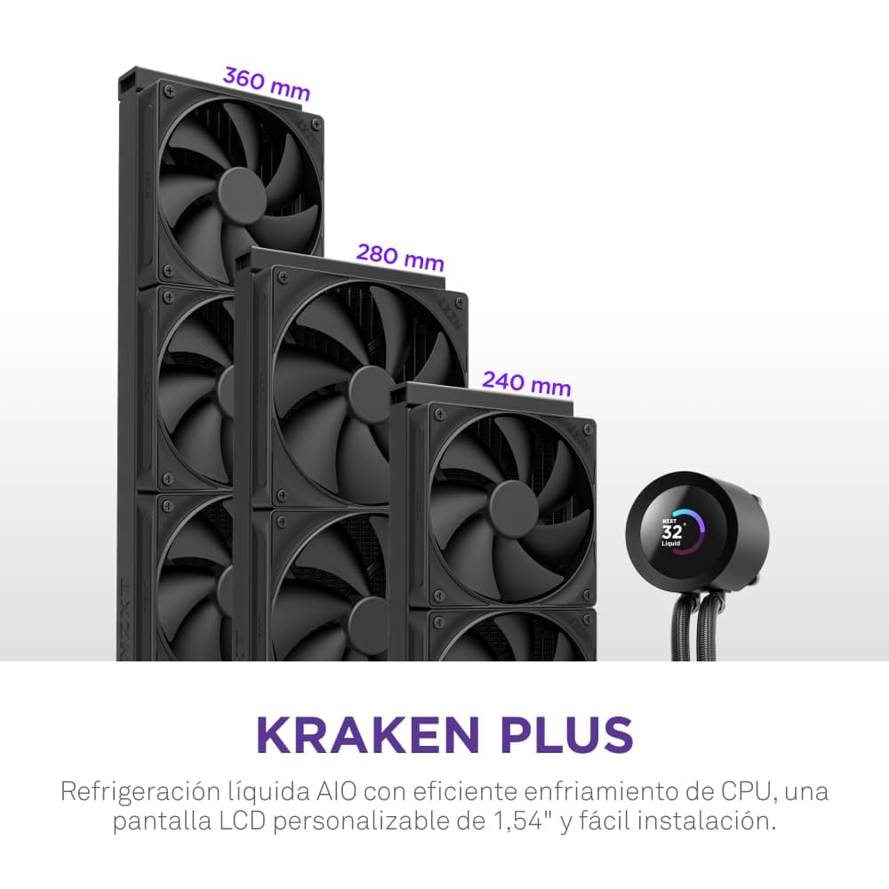 NZXT Kraken Plus 360 – Refrigeración líquida AIO para CPU – Radiador de 360mm – 3 x Ventiladores F120P – Pantalla LCD Cuadrada de 1.54" – AMD® AM5, AM4 – Intel® LGA 1851/1700, 1200/115X – Negro — view 2