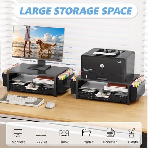 OPNICE Desk Organizers and Accessories, Computer Monitor Stand Riser with Drawer and 2 Pen Holders, Printer & Laptop Stand, Office Desk Accessories & Workspace Organizers for Home Office Supplies, Black — view 2