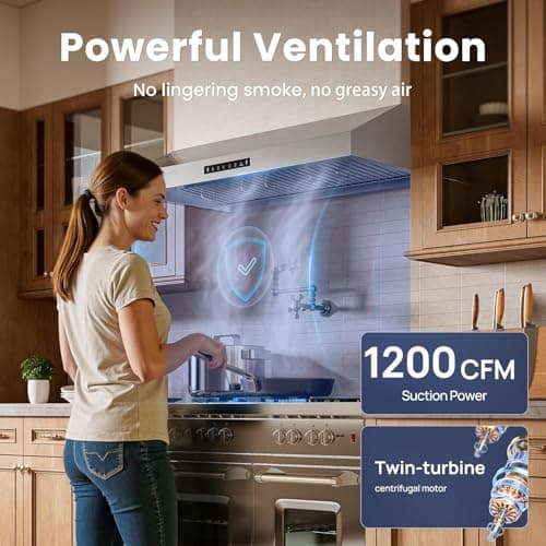 VIKIO HOME 42 Inch Under Cabinet Range Hood with 1200CFM, Range Hood,Stainless Steel Vent Hood with 3 Speed,1.5 Sones Quiet Dual Turbine Motor,Safe Baffle Filters for Kitchen Stove — view 2