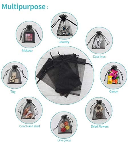 Bezall 100Pcs Black Organza Bags 3x4 Inch, Small Mesh Jewelry Bags Drawstring Gift Bags Wedding Party Favor Halloween Candy Treat Pouches — view 6