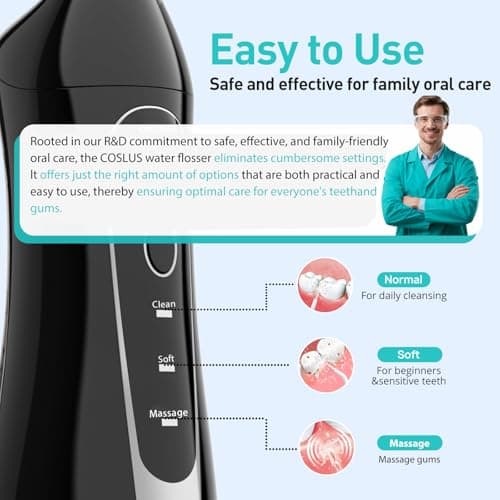 COSLUS ADA Accepted Water Dental Flosser Teeth Pick C20: Portable Cordless Oral Irrigator 300ML Rechargeable Travel Irrigation Cleaner IPX7 Waterproof Electric Flossing Machine, Professional Set Black — view 3