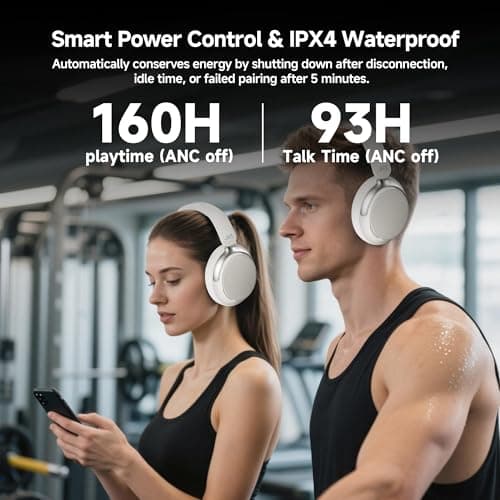 FunHub Over-Ear Hybrid Active Noise Cancelling Headphones, Bluetooth 5.4, 160H ANC Playtime, Transparency Mode, Deep Bass, Multipoint, IPX4, HD Call Mic, Foldable Portable, Travel Gym Work - White — view 4