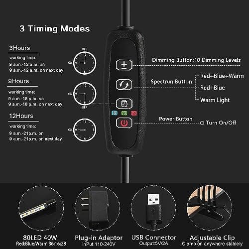 Grow Light for Indoor Plants - Upgraded Version 80 LED Lamps with Full Spectrum & Red Blue Spectrum, 3/9/12H Timer, 10 Dimmable Level, Adjustable Gooseneck,3 Switch Modes — view 4
