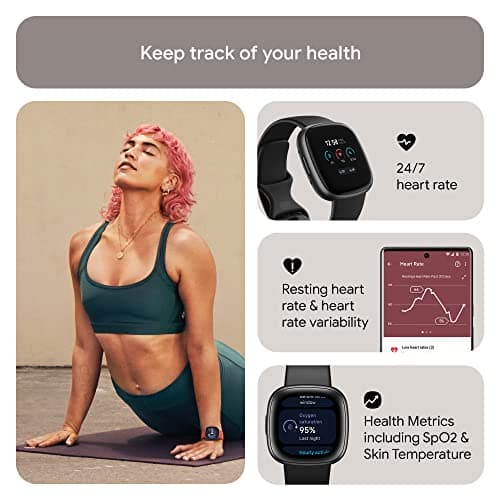 Google Fitbit Versa 4 Fitness Smart Watch for Men and Women with Daily Readiness, Gps, 24/7 Heart Rate, 40+ Exercise Modes, Sleep Tracking and More, Black/graphite, One Size (S and L Bands Included — view 3