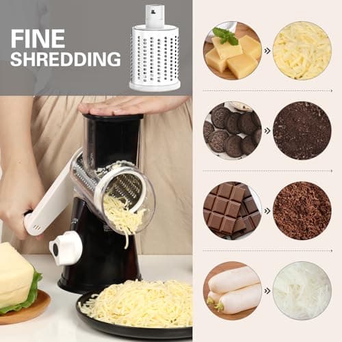 Cambom Rotary Cheese Grater Hand Crank Cheese Shredder for Fresh Cheese, Vegetable, Nuts,Non-slip Suction Base, Three Blades, Black — view 3