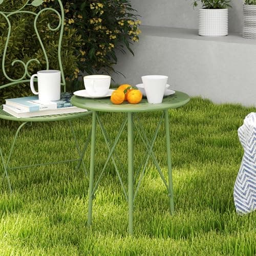 Outsunny 15.7" Round Garden Table with Floral Cut-Out, Steel Balcony Side Bistro Coffee Table, Outdoor Furniture with Adjustable Feet for Patio Garden, Green — view 8