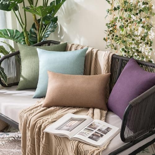 MIULEE Pack of 2 Decorative Outdoor Solid Waterproof Throw Pillow Covers Polyester Linen Garden Farmhouse Cushion Cases for Patio Tent Balcony Couch Sofa 18x18 inch Gray Green — view 3