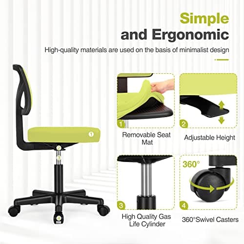 Sweetcrispy Small Office Chair, Ergonomic Low-Back Mesh Rolling Work Swivel Desk Chairs with Wheels, Armless Comfortable Seat Lumbar Support for Home, Bedroom, Study, Student, Adults, Green — view 4
