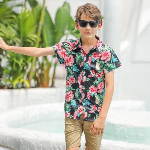 Kinberr Big Boys Button Down Shirt Summer Floral Printing Short Sleeve Tops Red Tropical Luau Shirt for Holiday — view 2