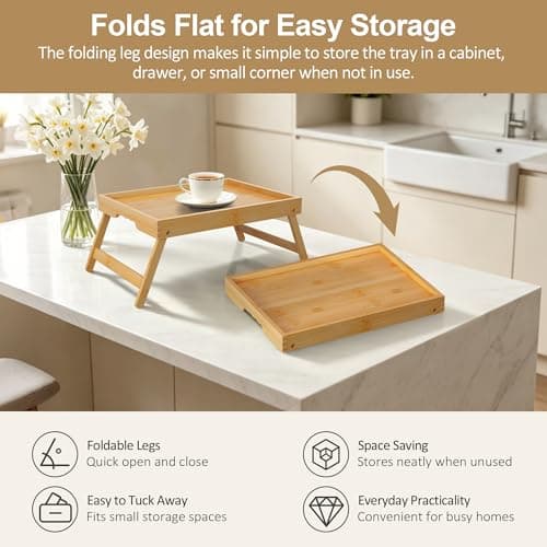 Breakfast Tray with Folding Legs Set of 2, Bamboo Bed Tray Table 15.7" Foldable TV Dinner Tray with Ergonomic Wave Handles for Bed Couch Sofa, Breakfast, Snacks, Coffee, Natural — view 3