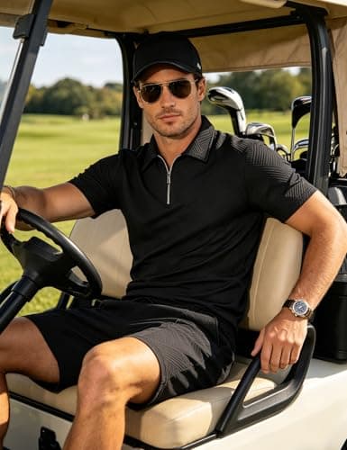 UOUA Men's 2 Piece Summer Polo & Shorts Set Quarter Zip Track Suit for Golf Lounging Casual Outfits Black XL — view 4