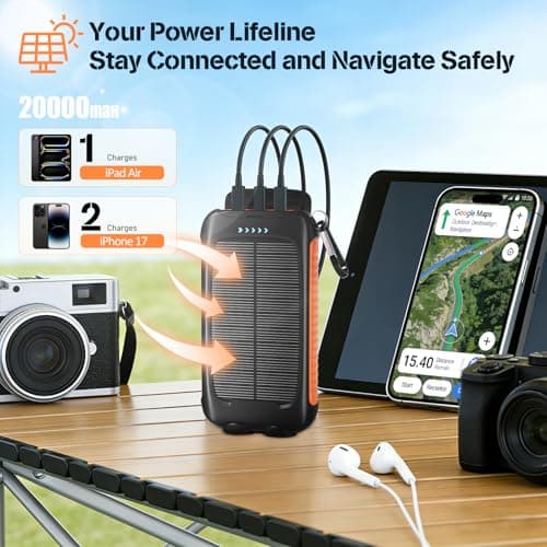 Solar Power Bank 20000mAh, Orange Portable Charger with USB-C USB-A Outputs, Emergency Backup Battery Pack, LED Flashlight, for iPhone Samsung Android – Solar for Emergency Only, Perfect for Camping