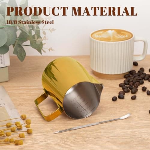 Amrules Milk Frothing Pitcher, 12 oz Milk Frother Cup with Clear Scale, 304 Stainless Steel Cappuccino Espresso Machine Accessories for Barista Coffee Bar with Latte Art Pen, Gold — view 4