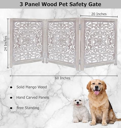 Croft&Cane Wooden Foldable Pet Dog Safety Gate - 3 Panel 20 W x 24 H - Hand Carved Suzani Free Standing Portable Indoor Puppy Gate - Doorway Hall Stairs Dog Fence - Assembled - White Wash — view 2