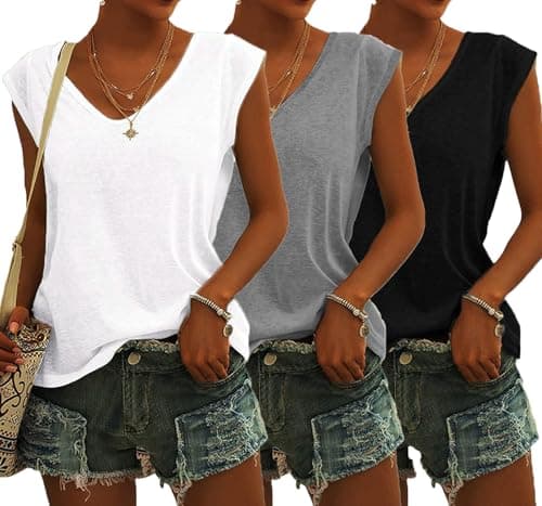 Zeysunp 3 Pack Womens Cap Short Sleeve Tops V Neck T Shirts Summer Spring Casual Loose Fit Basic Tank Tops(White+Grey+Black,L)