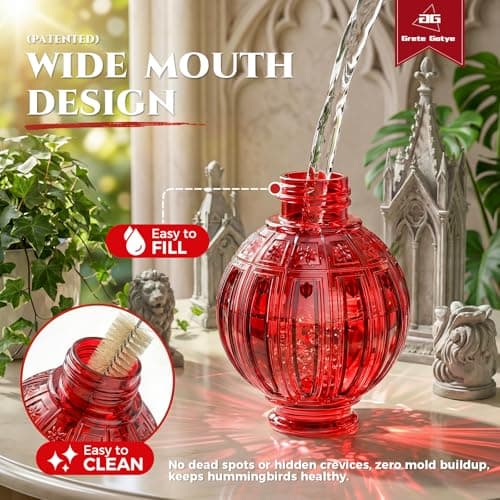 Glass Hummingbird Feeder for Outdoors Hanging, 26Oz Bird Nectar Feeder with Perch & 5 Flower Feeding Ports, Leak Proof for Outside Garden Decor Backyard, Gifts for Women Mom, Red — view 2