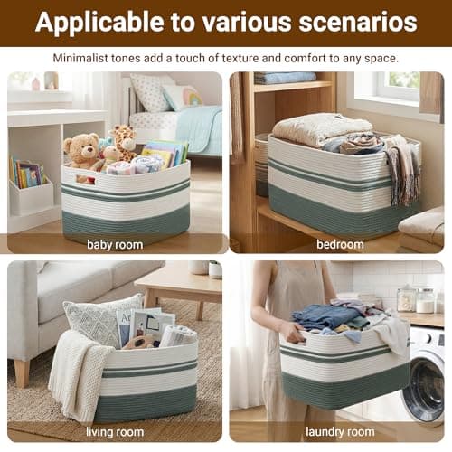 HOBASKET 75L Large Blanket Basket, 22"x17"x12"Rectangle Cotton Rope Woven Storage Basket with Handles, Laundry Hamper for Living Room, Nursery, Bedroom - Chemical-Free, Kid & Pet Safe - Sage Green — view 5