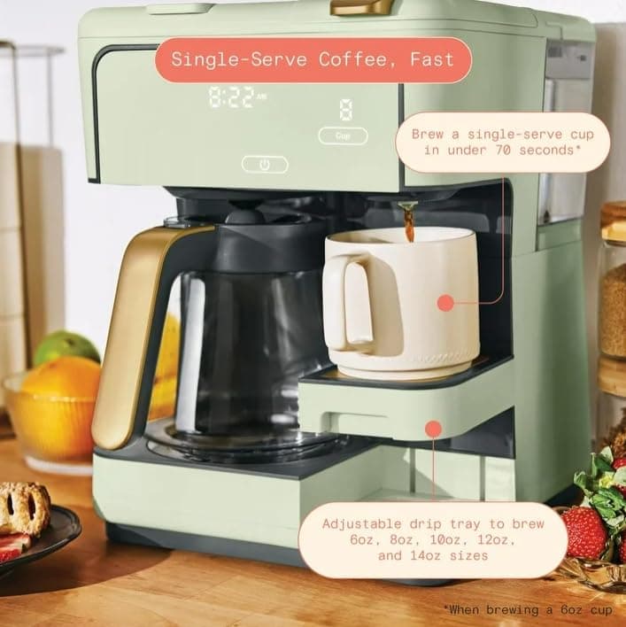 Beauti Multi Brew 12 Cup Programmable Drip & Single Serve Coffee Maker, Versatile Brewing (6oz, 8oz, 10oz, 12oz, 14oz), Pods or Ground, Over Ice option, Keep Warm mode (Sage Green) — view 3