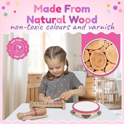 Stoie's Wooden Toddler Musical Instruments with Xylophone, Maracas, Triangle, Tamburine for Babies and Kids, Eco Friendly Montessori Educational Toy — view 2