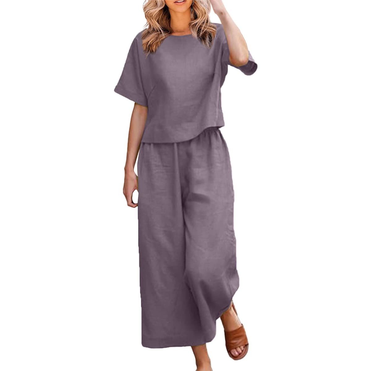 Womens 2 Piece Outfits Summer Linen Sets Short Sleeve V Neck Cropped Top Wide Leg Capris Pants Beach Lounge Sets — view 11