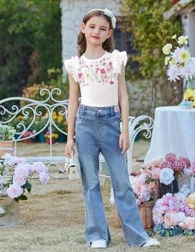 Arshiner Summer Shirts for Girls Mesh Ruffle Flutter Sleeve Little Girls Tops Round Neck Kids Floral Soft Shirts Size 5-6 — view 4
