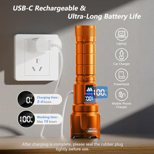 Wdtpro LED Rechargeable Flashlight 2 Pack, 3 Modes Super Bright High Lumens Flashlights, Zoomable Tactical Flash Light with LCD Display, IP65 Waterproof Flashlights for Home Emergency Camping - Orange — view 3