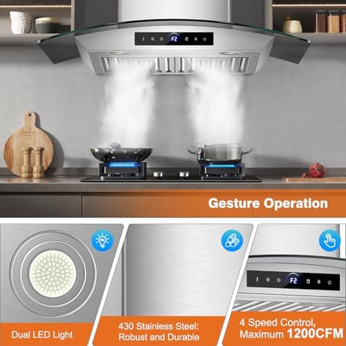 TAZPI 30 Inch Wall Mount Range Hood 1200 CFM, 4-Speed Wall Mount Range Hood with Touch Control & Gesture Sensing Stainless Steel Kitchen Stove Vent Hoods with 2 LED Lights Pro Series — view 8