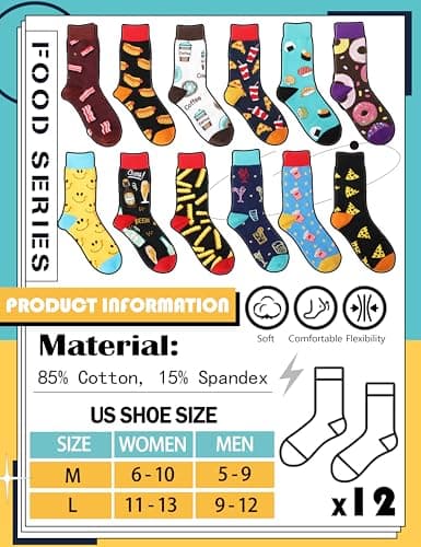 Men Funny Socks Fun Dress Cozy Crazy Cute Fashion Novelty Fun Gift Breathable Cotton Crew Socks Stocking Stuffers for Mens(Bright Food(12 Pairs),L) — view 5