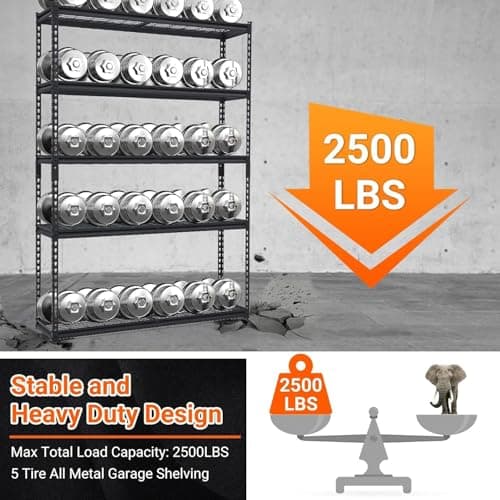 5-Tier Garage Shelving Unit, 2500 Lbs Capacity Adjustable Metal Storage Shelves, Heavy Duty Shelving Unit for Garage, Industrial Utility Shelf Storage Rack, 48x24x72 Inch — view 5