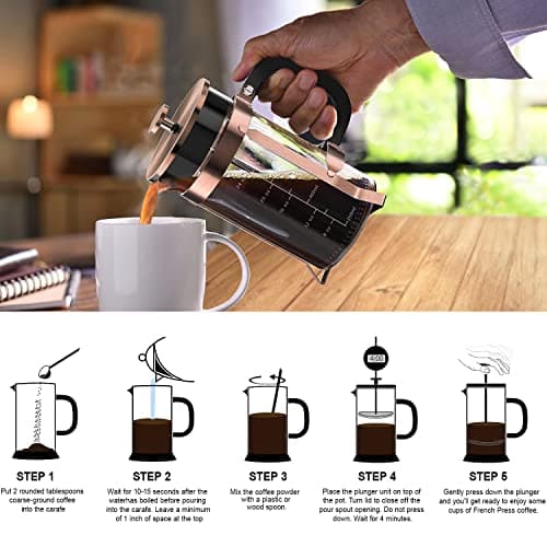 QUQIYSO French Press 34oz, Stainless Steel and Thickened Glass Coffee Maker — view 5