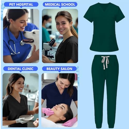 Scrubs Set for Women Nurse Uniform V-Neck Top and Drawstring Jogger Pants with Multi Pocket Nurse Workwear (Dark Green, Medium) — view 6