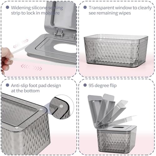 Whiidoom Wipes Dispenser, One-Handed Operation Wipe Holder for Baby & Adult, Seal-Designed Wipes Container for Bathroom Keep Diaper Wipes Fresh (Grey) — view 2