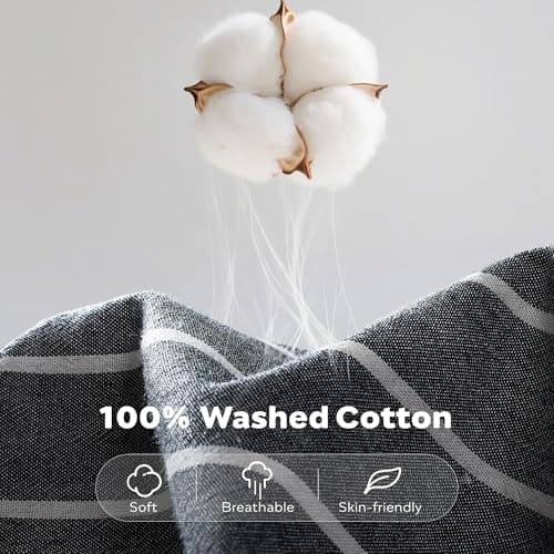 JELLYMONI Pinstriped 100% Washed Cotton Linen Like Duvet Cover Set, 3 Pieces Luxury Soft Bedding Set with Buttons Closure, Grey Stripes Pattern Printed Duvet Cover Queen Size(No Comforter)