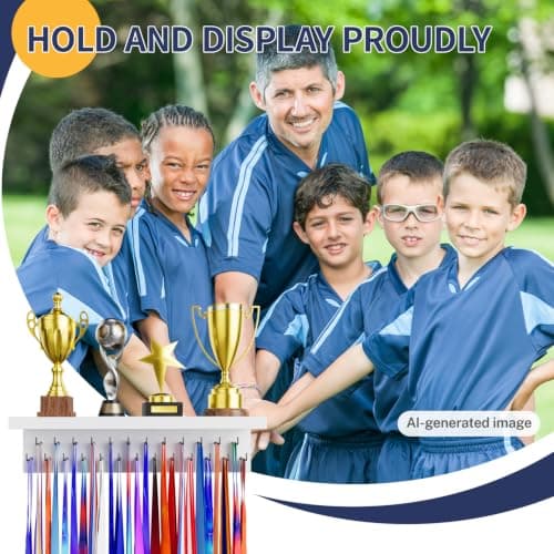 DSVENROLY Medal Holder Display Trophy Shelf Organizer, Sturdy Wooden Race Award Hanger Rack with 25 Steel Hooks, Wall Mount Storage Stand for Sports Fans, Cheer Success, White with Black Pegs — view 3