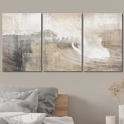 wall26 Canvas Print Wall Art Set Gray & Tan Color Block Ocean Wave Overlay Nature Wilderness Digital Art Modern Art Rustic Scenic Colorful for Living Room, Bedroom, Office - 24"x36"x3 Panels — view 2
