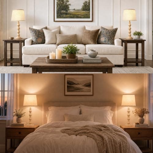 Farmhouse Table Lamps Set of 2, 21" Vintage Nightstand Desk Lamps with Linen Shades, Rustic Resin Bedside Lamps for Bedroom, Living Room, Office, Includes LED Bulbs with 3 light settings, Beige — view 5