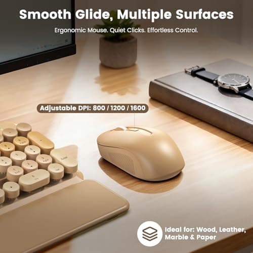 Wireless Keyboard and Mouse Combo, Full-Size Retro Typewriter Keyboard with Round Keycaps, Magnetic Wrist Rest & Tilt Legs, 2.4GHz Cordless for Mac/Windows PC/Laptop, SABLUTE CK23, Latte Gradient — view 6